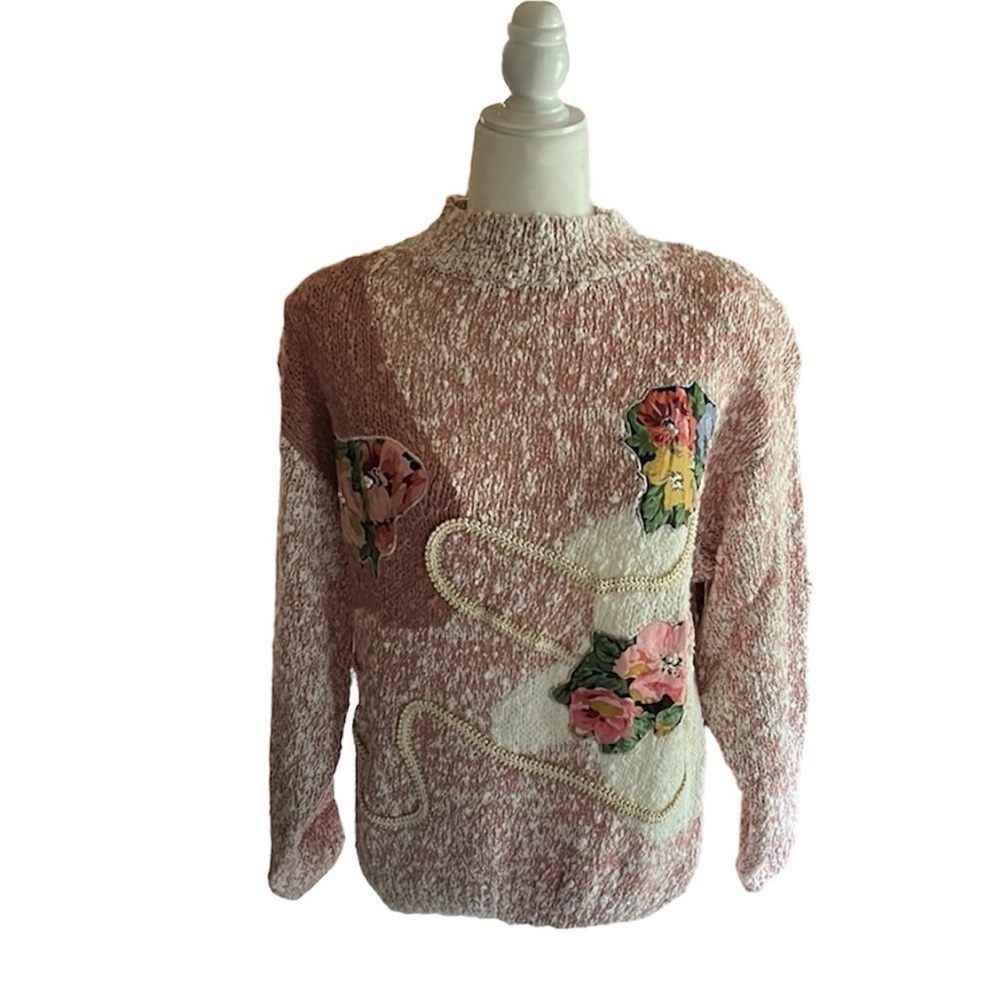 Shenanigans Vintage Chunky Knit Pink Floral Appliqué Cottagecore Sweater Size L